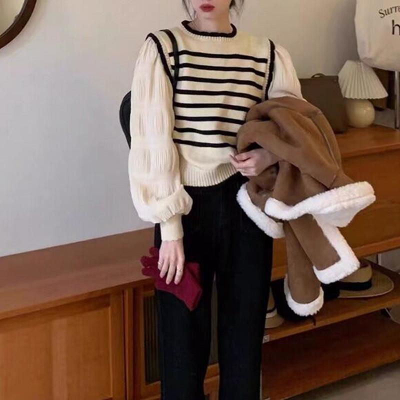 French Fake Two Piece Puff Sleeve Knit Top Women Spring Stripe Patchwork Cropped Round Neck Slimming Shirt