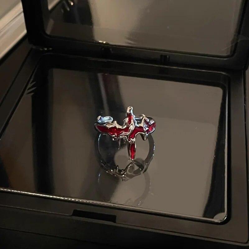 Vintage Red Enamel Cross Open Rings For Women Men Punk Hip Hop Irregular Lava Texture Rings Y2K Aesthetic Jewelry
