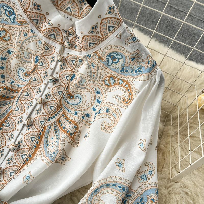 Hikigawa Chic Móda Ženy Elegantní Stojáček S límcem Přepásaný Úzký Pas Šaty Vintage Single Breasted Print Vestidos Mujer