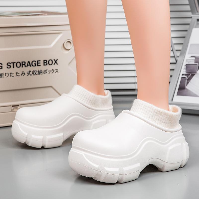 Fashion thick-soled heightening cotton shoes women's autumn and winter home indoor waterproof and non-slip cotton mop fleece bag and slippers