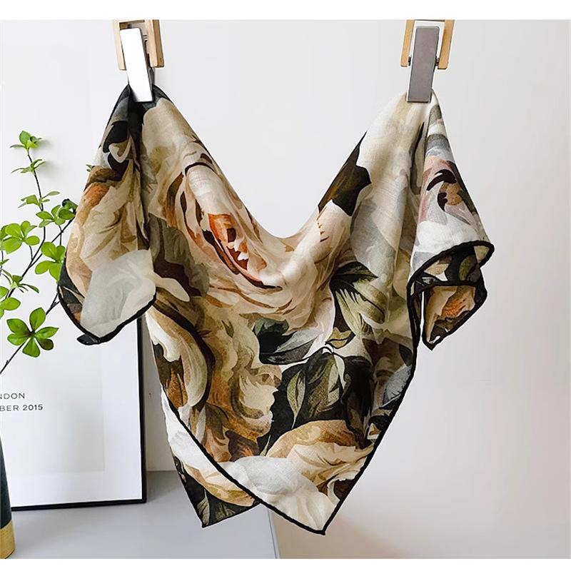 Mulberry silk wool 65 silk wool square scarf oil painting rose summer sunscreen scarf women s retro high-end silk scarf 65*65cm