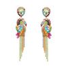 Multi Color Crystal Animal Jewelry Long Crystal Chain Tassel Dangle Earrings Rainbow Rhinestone Parrot Earrings