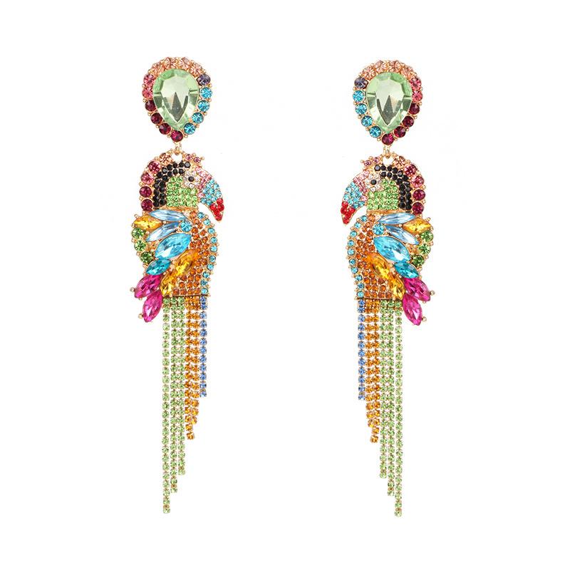 Multi Color Crystal Animal Jewelry Long Crystal Chain Tassel Dangle Earrings Rainbow Rhinestone Parrot Earrings