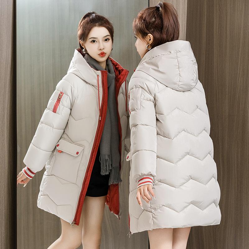 Hooded long women's padded jacket winter loose padded jacket large size thickened down cotton large pocket