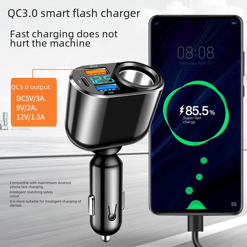 66W Multi-Function Fast Charging Car Charger with Digital Display: 30W PD, One-to-Four Cigarette Lighter Adapter