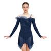 Womens Long Sleeve Bodysuit Dress Rhinestones Sheer Mesh Hem Buttoned Crotch Latin Dance Wear