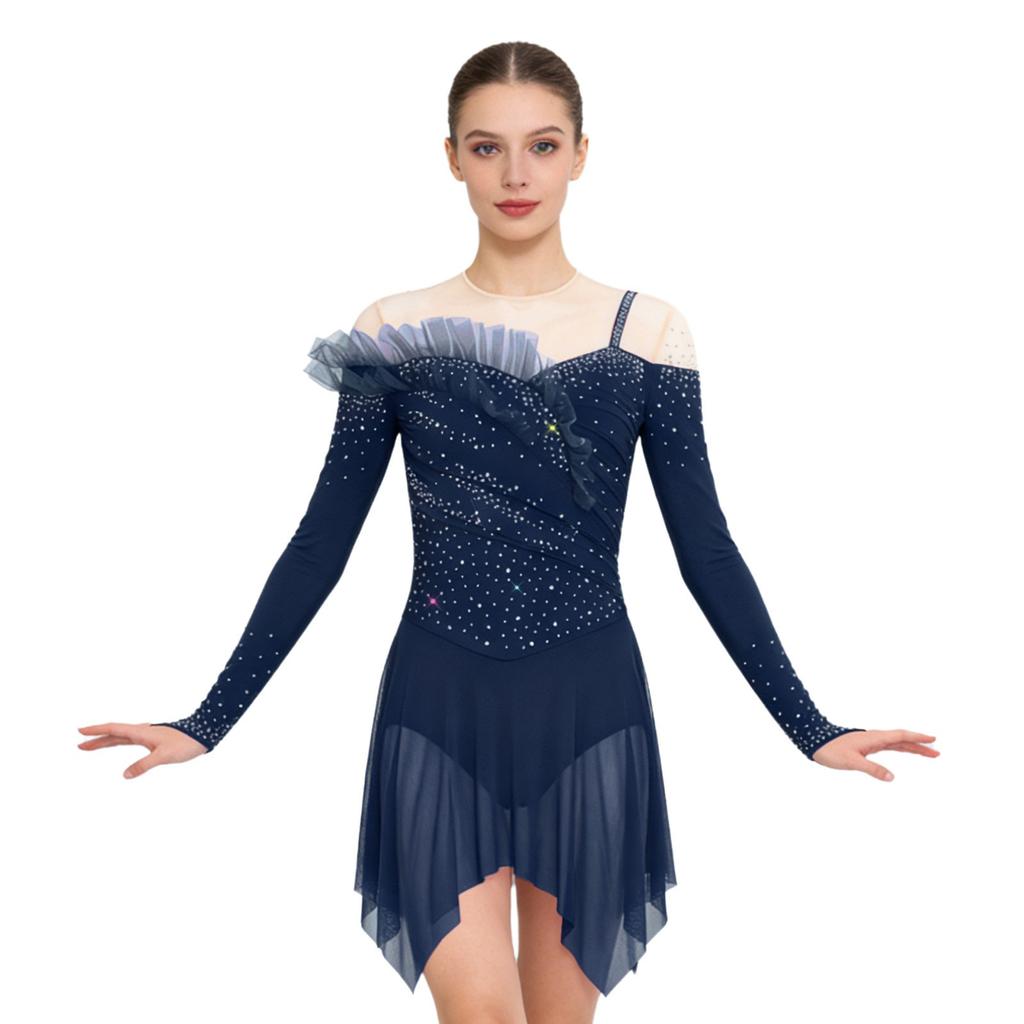 Womens Long Sleeve Bodysuit Dress Rhinestones Sheer Mesh Hem Buttoned Crotch Latin Dance Wear