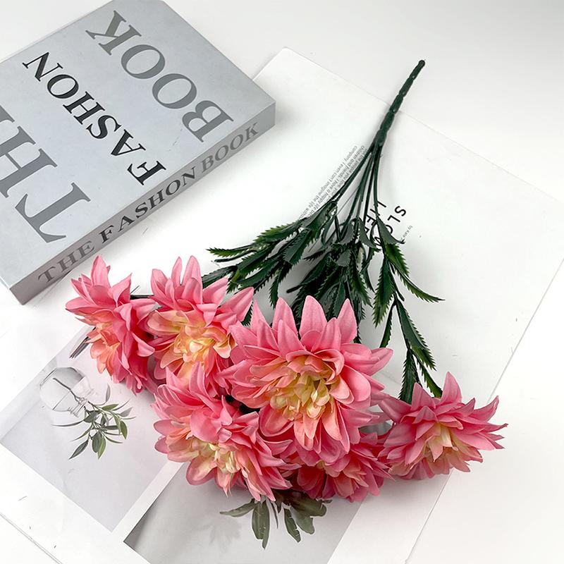 7 Heads Artificial Dahlia Flowers Bouquet Fake Silk Wedding Centerpiece for Table Decor Home Office Party Decoration Faux Flower