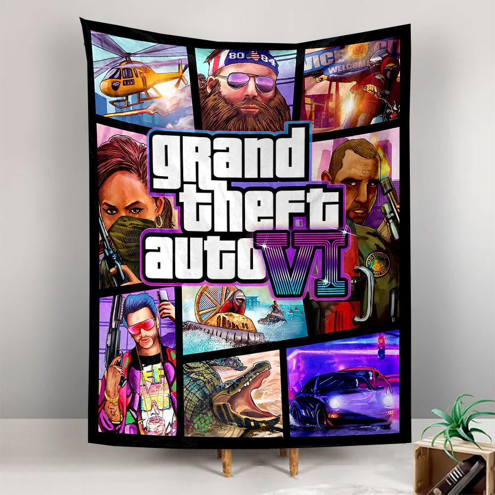 GTA VI Tapestry Wall Hanging, Grand Theft Auto 6 Poster Art, Gamer Wall Decor for Bedroom Living Room Dorm