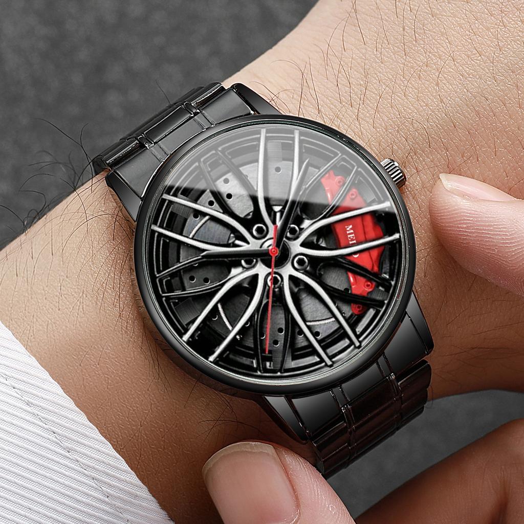2PCS Men Business Watches Fashion 3D Car Wheel Dial Men Sports Watch Stainless Steel Band Analog Quartz Watch Set