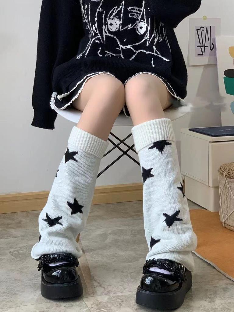Y2K Double-Sided Wear Spicy Girl Knit Leg Warmers - Black & White Star Color Block Calf Socks