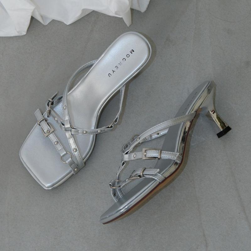 Fashion Women Slippers 2025 Summer Fashion Narrow Band Square Toe Women Sandals High Quality Elegant Thin Heels Party Slide Slippers
