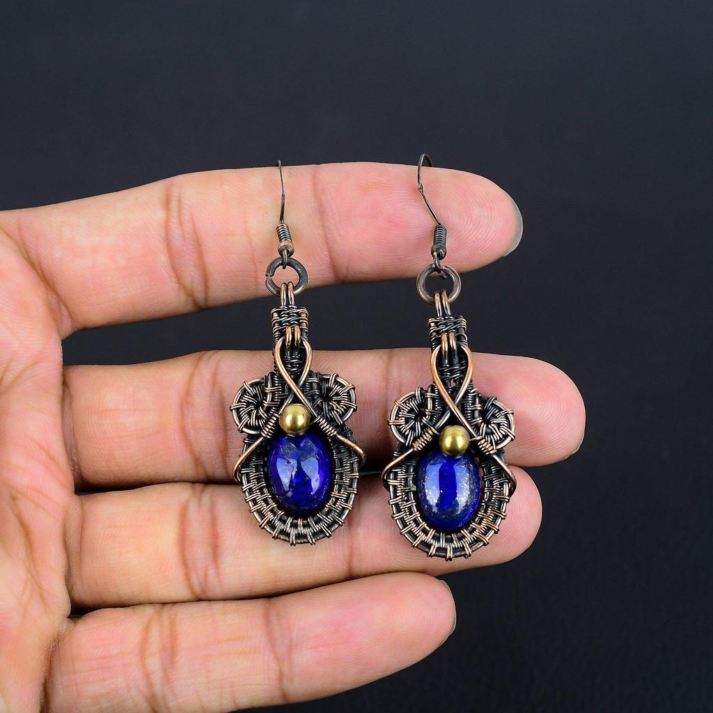 Lapis Lazuli 999 Copper Wire Wrapped Earrings, Handmade Gemstone Earrings Jewelry, Gifts For Wife Brand New Earrings