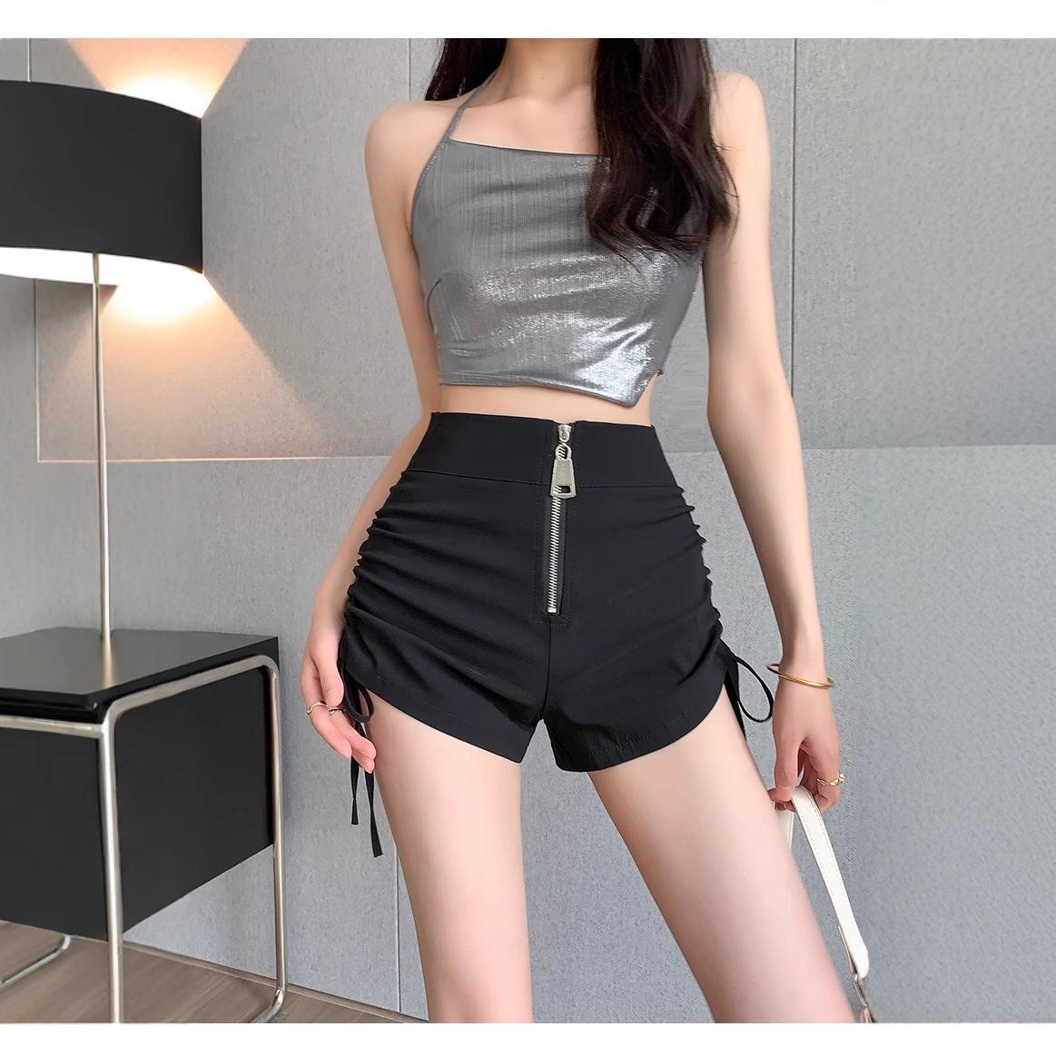 

Black High-Waist Zipper Shorts - Sexy, Slim Fit, Summer Style with Drawstring and Straight Leg Design. XL [Recommended 119-130 lbs]