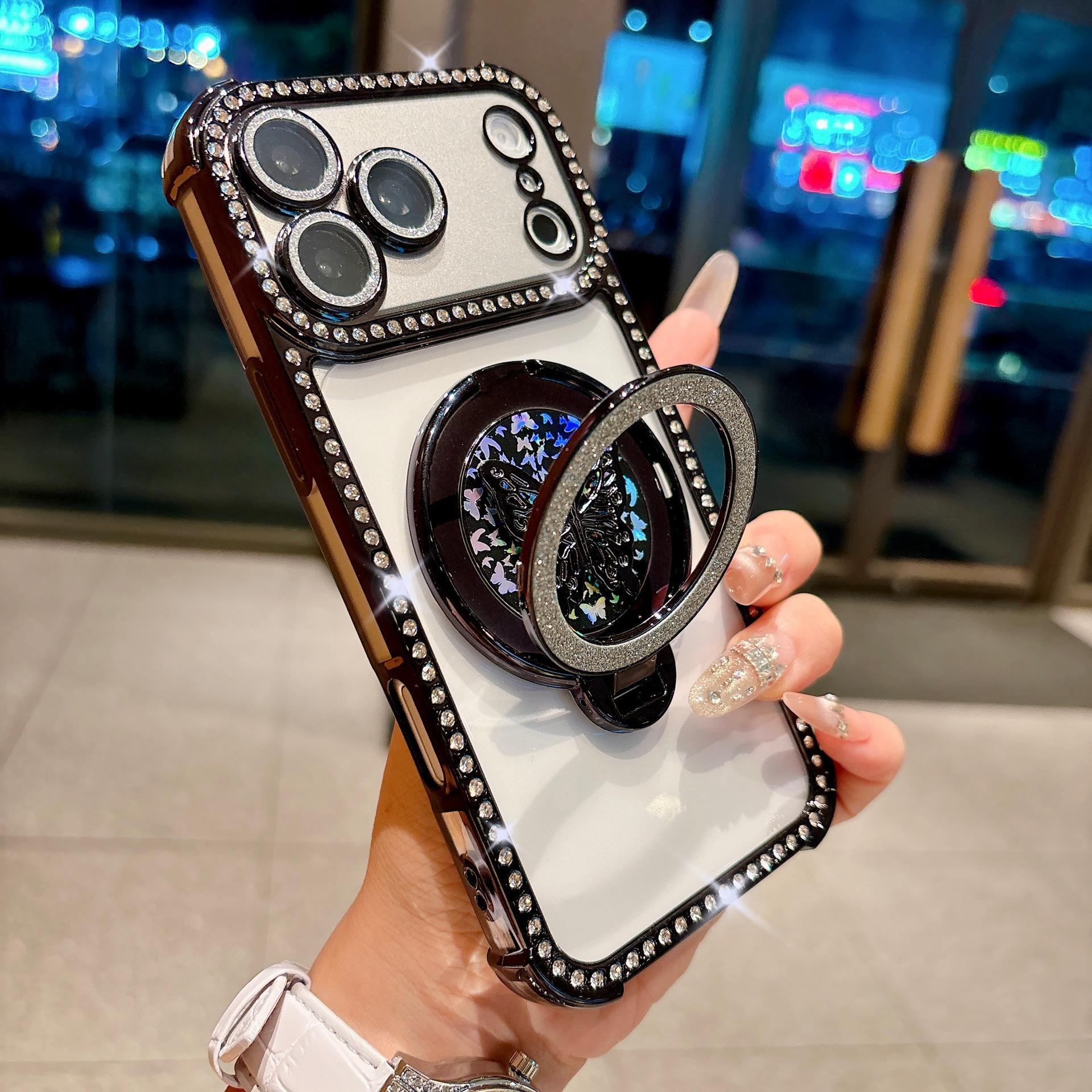 

Butterfly Glitter Rotating Stand iPhone 17 Case with Rhinestone Electroplated Soft Protection. 15 Pro Max чорний