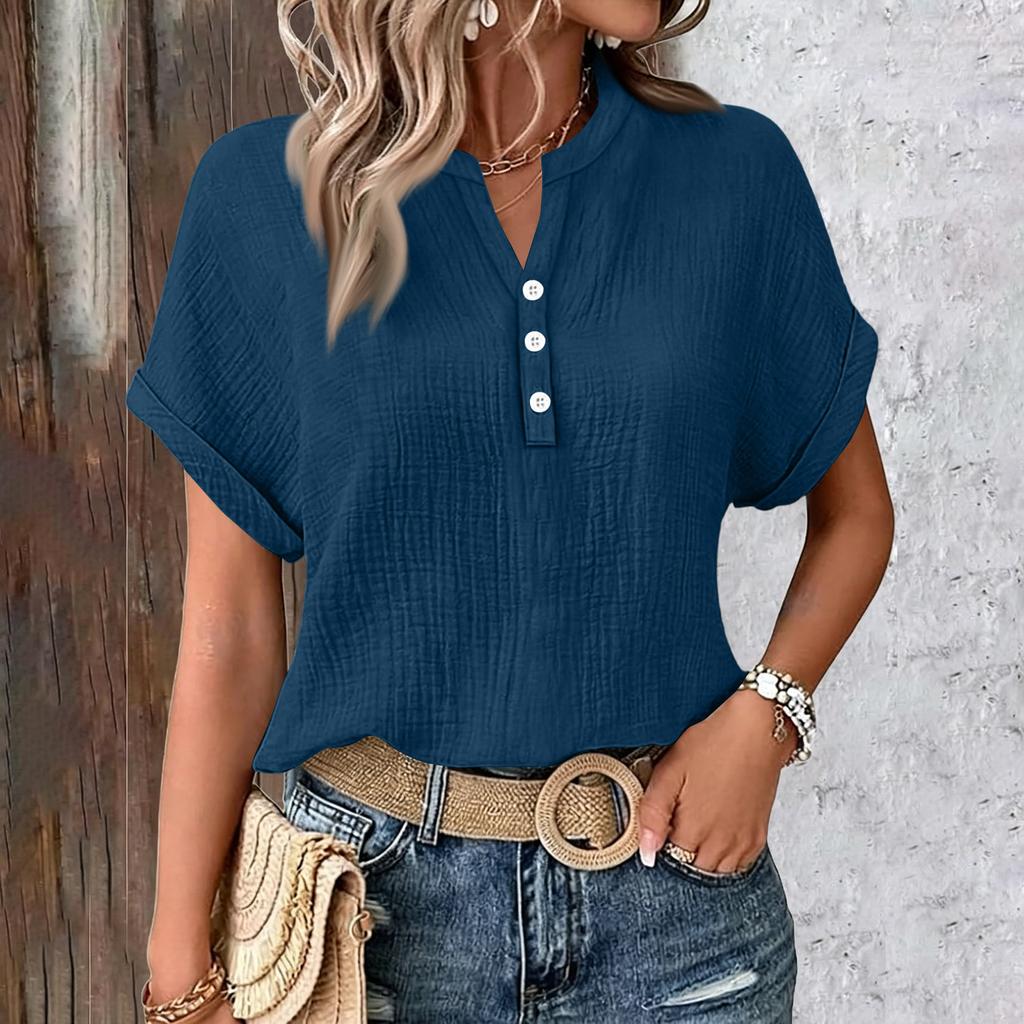 Womens Summer Tops Casual Button V Neck Short Sleeve Shirts Loose Pullover Tops Oversized Lightweight Blouses