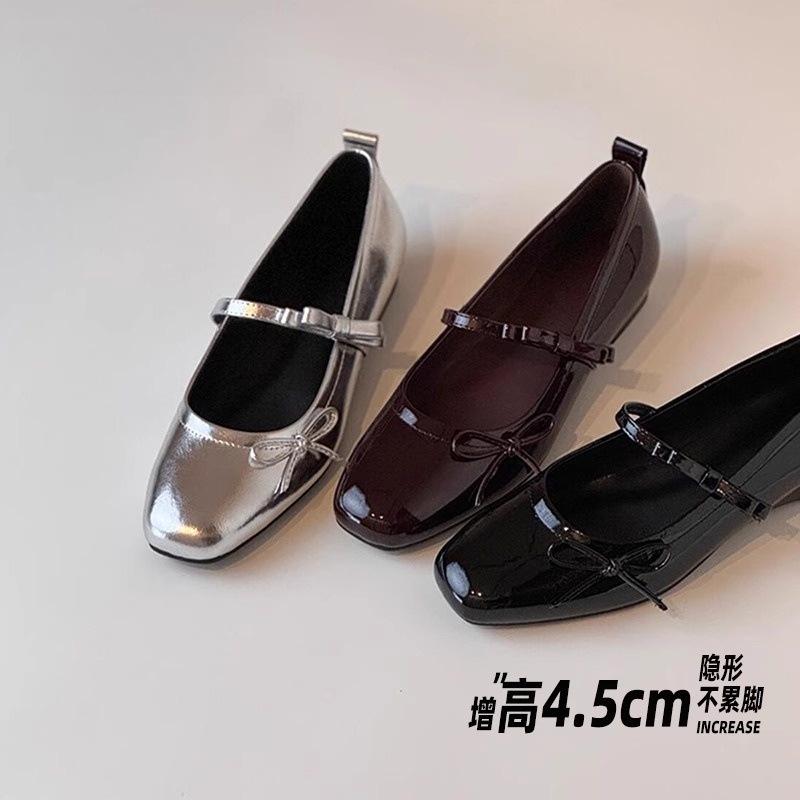 Blue Cabinet Edition~ Soft Leather French Retro Flat Bottom Bow Light Mouth Single Shoes Women's New Silver Mary Jane Evening Shoes