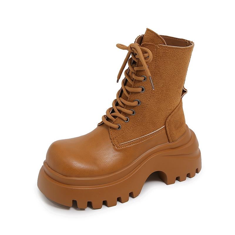 Thick-soled Martin Boots Women's Autumn New Lace-up Lapel Two Wear Martin Boots Short Boots Tooling Boots Rhubarb Boots
