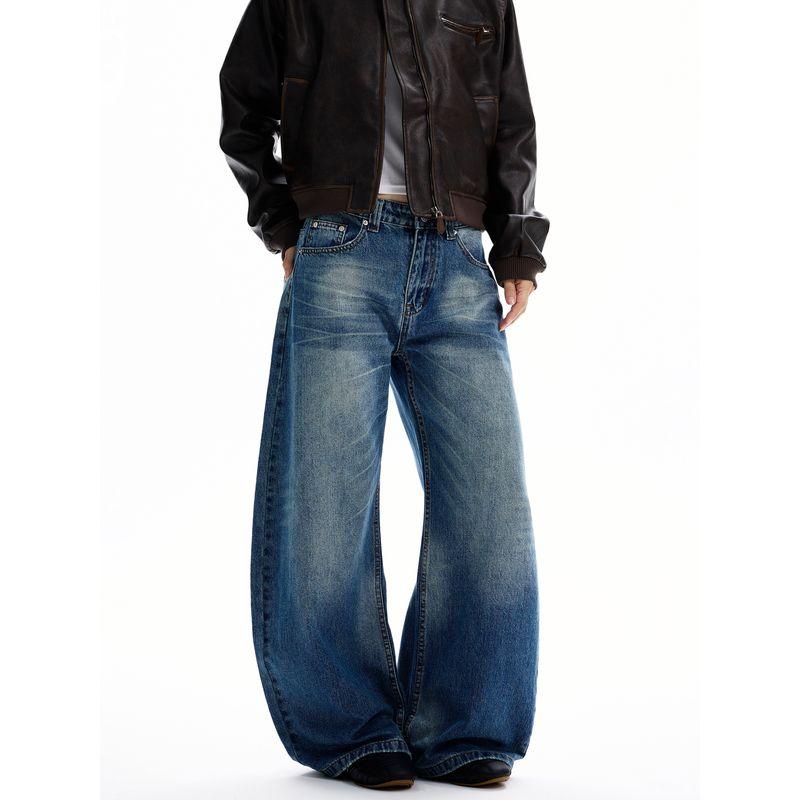 Kisko American Retro Washed Whiskered Scimitar Jeans Unisex Trendy Brand Cleanfit Loose Straight Pants