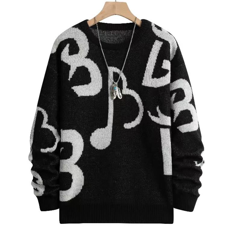 Men's  Letters Round Neck Sweater Knitwear Autumn and Winter Print Contrast Color Fashion Casual Top