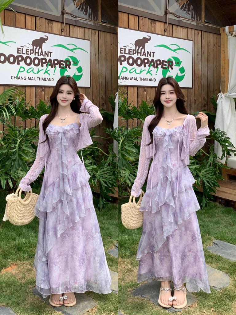 Plus Size Women's Floral Ruffle Camisole Dress & Cardigan Set - Purple Spring/Summer Two-Piece Outfit