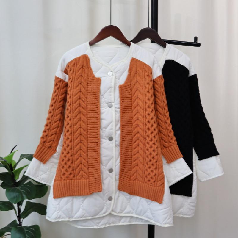 Autumn and winter loose splicing cotton clothes knitted cardigan women's rhombus contrasting color sweater jacket contrasting color design