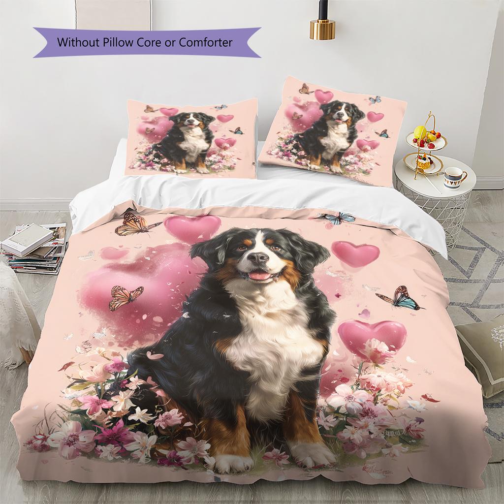 Rosa Berner Sennenhund Muster Bettwäsche Heimdekoration Geburtstagsgeschenk (1 Bettbezug + 2 Kissenbezüge, ohne Füllung)