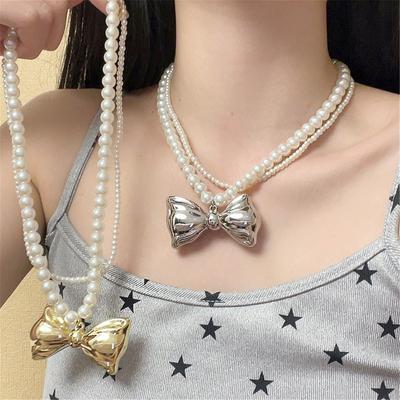 Tooxika Fransız Retro Romantik Işık Lüks Çift İnci Kurdele Kolye Niş Choker Köprücük Kemiği Zinciri
