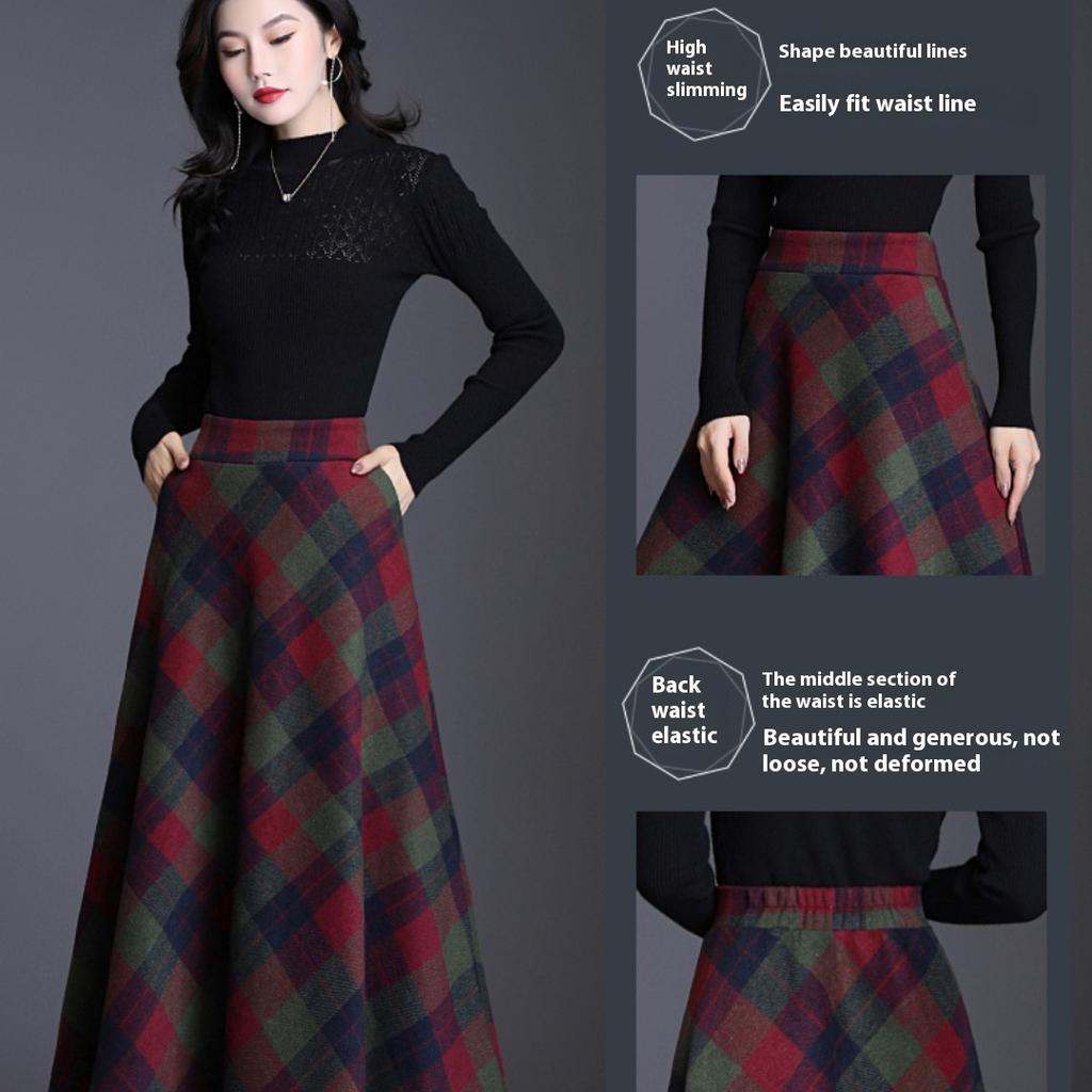 Tooxika – Neuer, übergroßer Woll-Halbrock für Damen mit hoch tailliertem, kontrastierendem, kariertem Saum