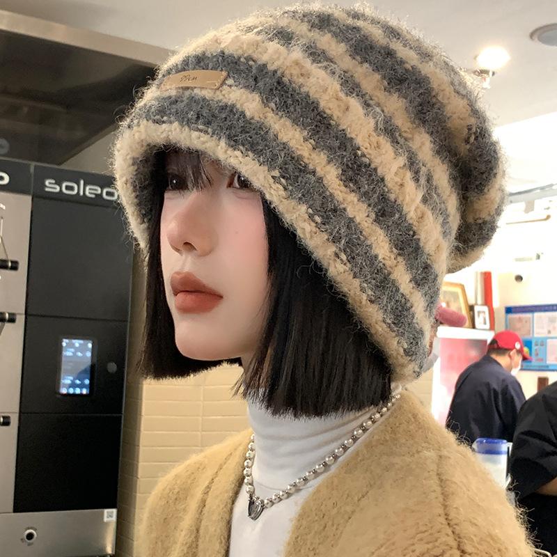 Color-blocked Striped Woolen Hat for Women, Autumn and Winter, Japanese Style, Loose, Warm, Ear-protecting, Slouchy Knit Hat for Large Head