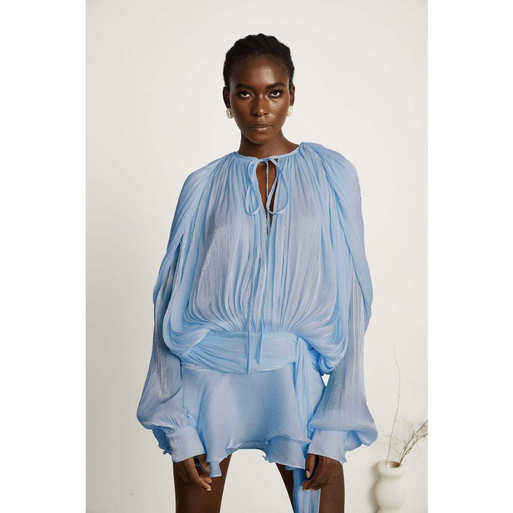 Women's Long Sleeve Shiny Chiffon Two Piece Mini Dress Tie Neck Ruched Waist Irregular Ruffle Skirt With Shorts Liner