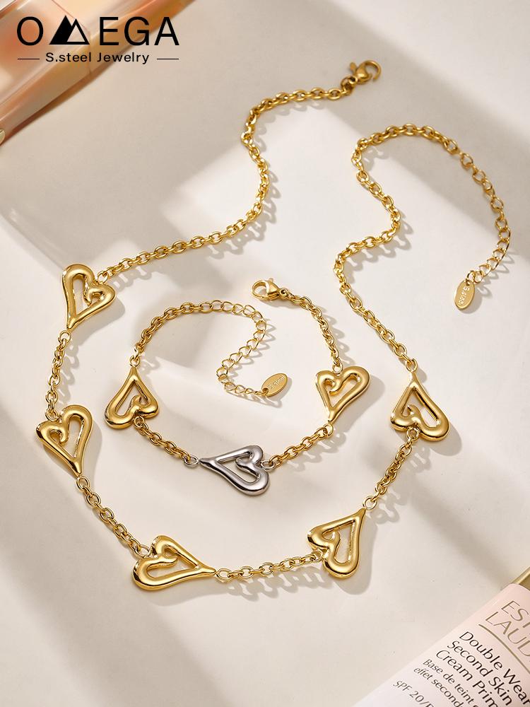 Two-tone Heart Chain Necklaces Bracelets For Women 18k Gold Plated No Tarnish Women's Stainless Steel Necklace Matching Bracelet