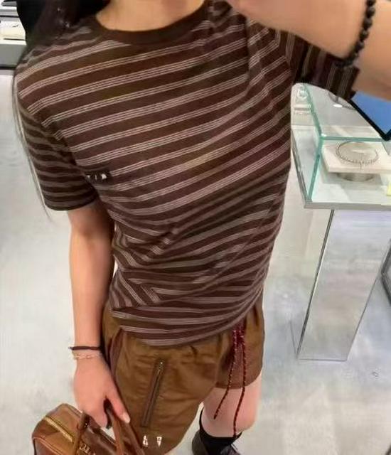

MM Series Spring Brown Striped Crew Neck Slim Fit Women s T-Shirt – Simple, Versatile, Short Sleeve Top Medium