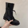 French Catwalk Retro Martin Boots British Style Women's Square Head Cowhide Polished Color Old Medium Tube Lace-up Locomotive Boots