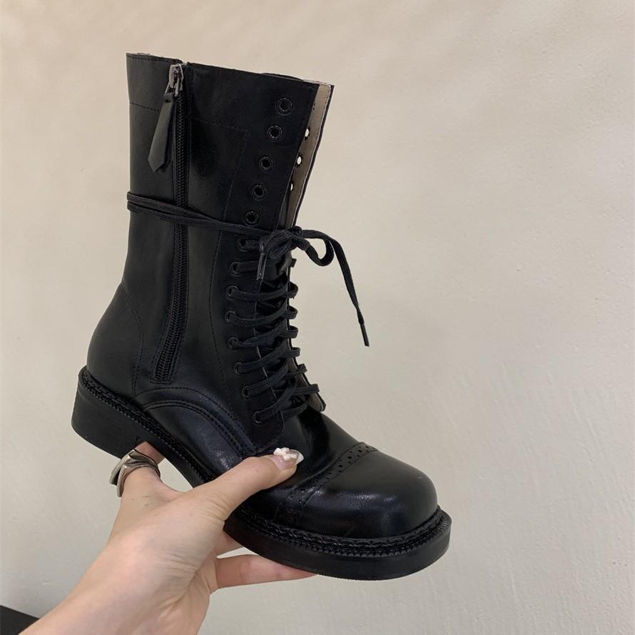 French Catwalk Retro Martin Boots British Style Women's Square Head Cowhide Polished Color Old Medium Tube Lace-up Locomotive Boots
