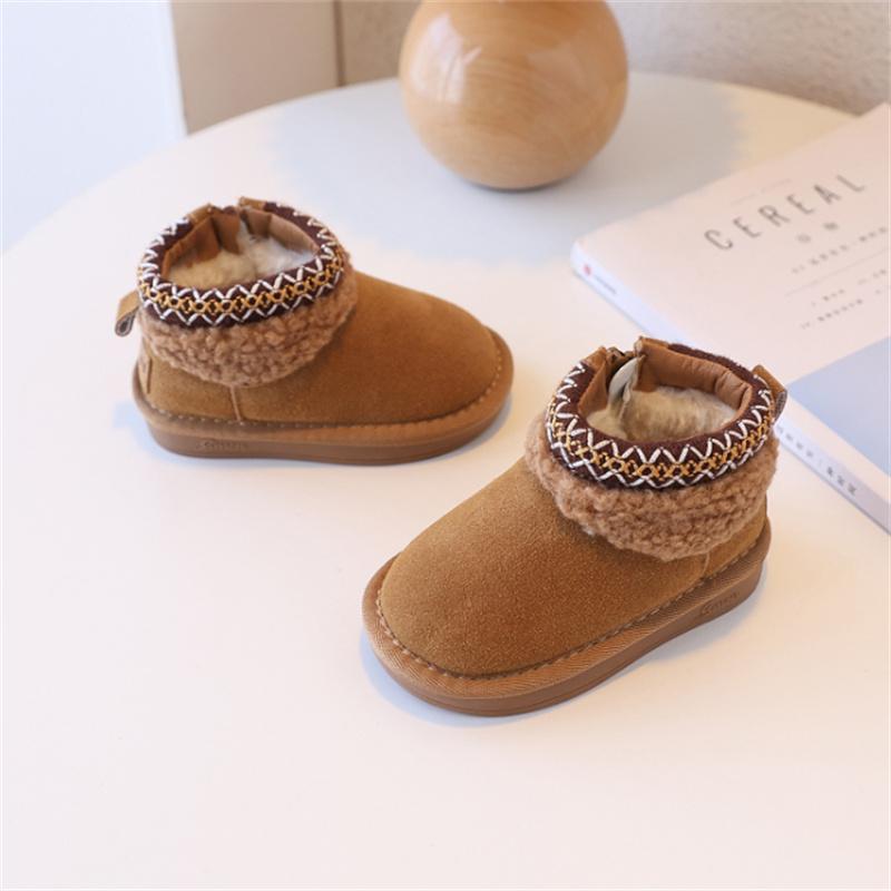 Winter Children Snow Boots Toddler Boys Girls Genuine Leather Warm Plush Zip Side Non-slip Shoes
