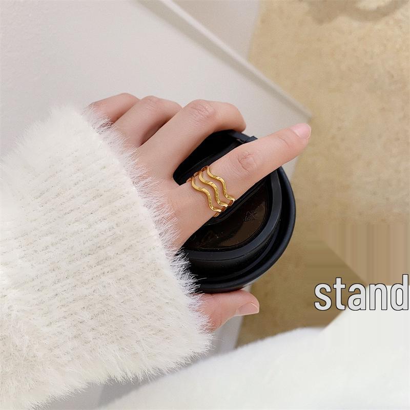 French Retro Gold-Plated Wave Ring - Stackable, Three-Layer Geometric Design for Women