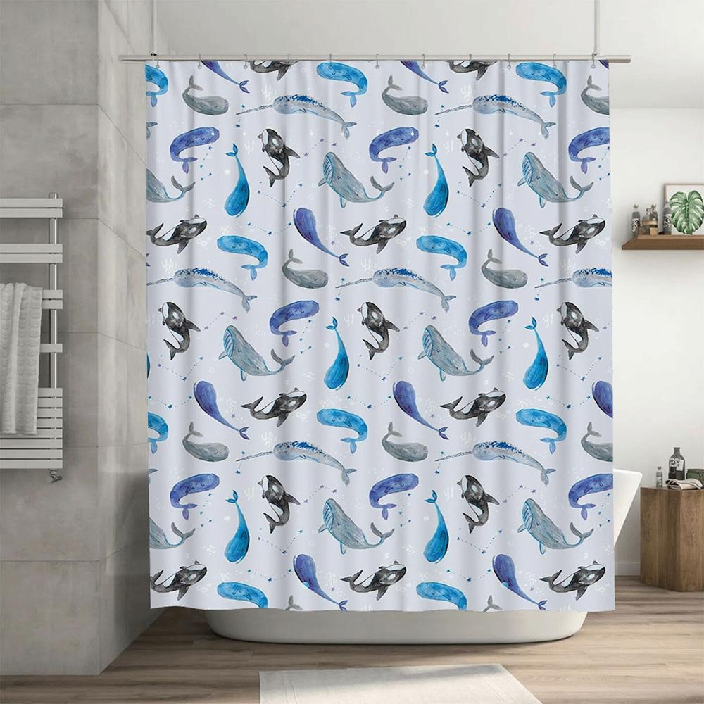 Bathroom Decor Watercolor Whale Shower Curtain Waterproof Fabric Bathroom Decoration Modern Style White Blue Tones with Fish Pri