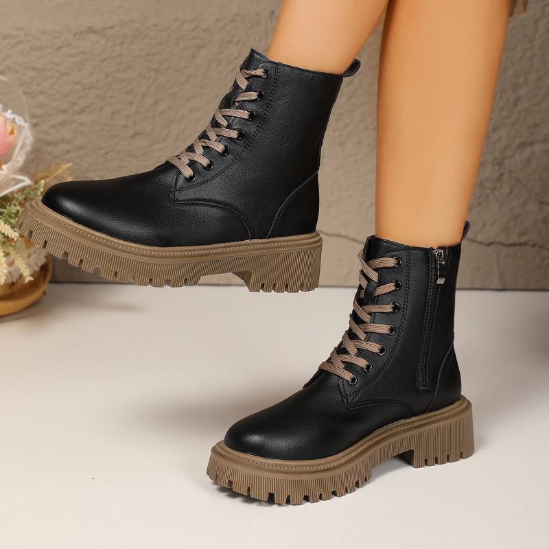 Fashion Fall New Block Heel Round Toe Lace-Up Front Side Zipper Platform Anti-Slip Wear-Resistant Short-Thigh Boots