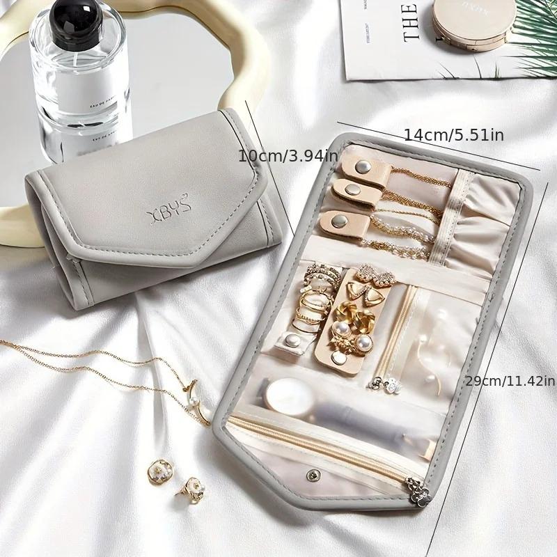 Travel Jewelry Organizer Bag PU Material Necklace Earring Ring Storage Pouch with Watch Compartment Portable Zippered