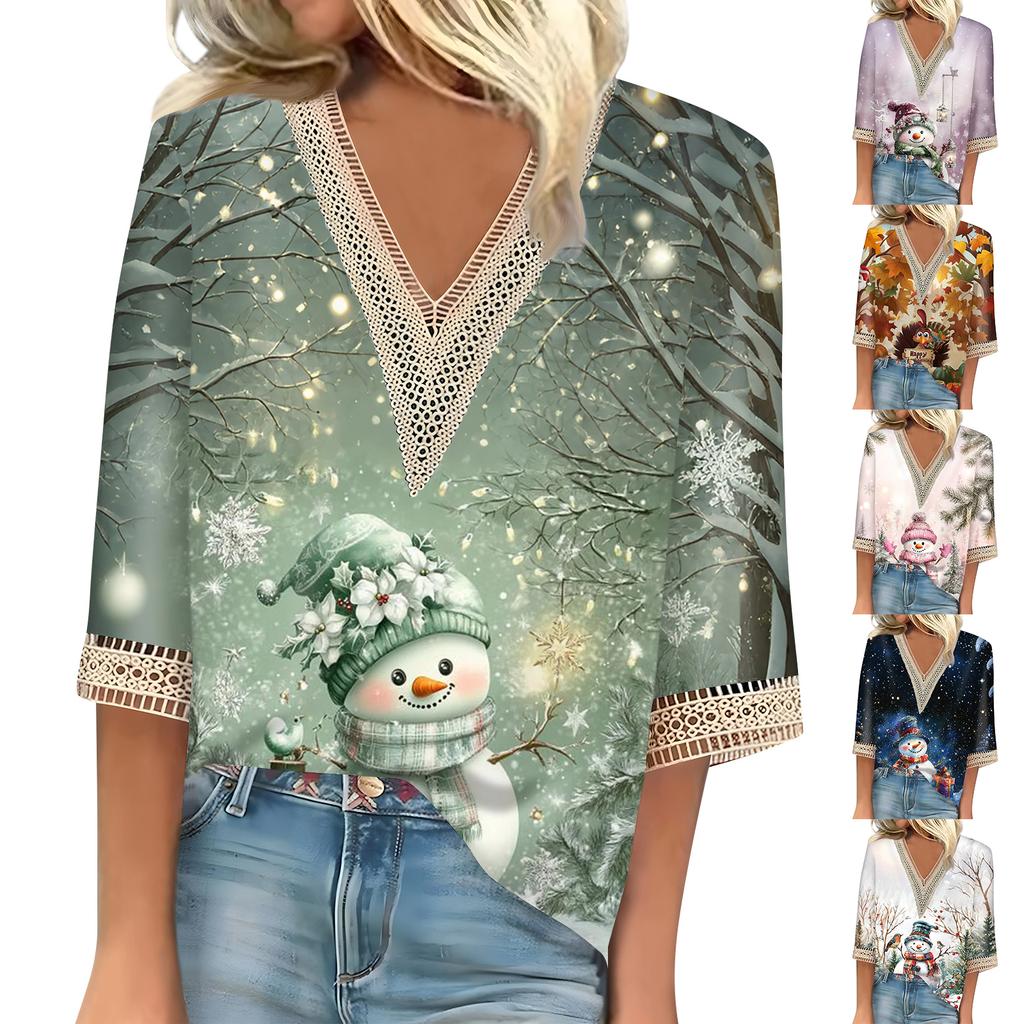 Women's Loose Casual Three-quarter Sleeve V-neck Lace Loose Christmas Print T-shirt Top