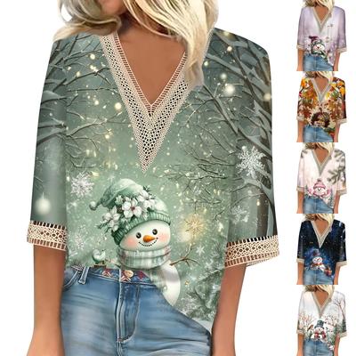 Women's Loose Casual Three-quarter Sleeve V-neck Lace Loose Christmas Print T-shirt Top