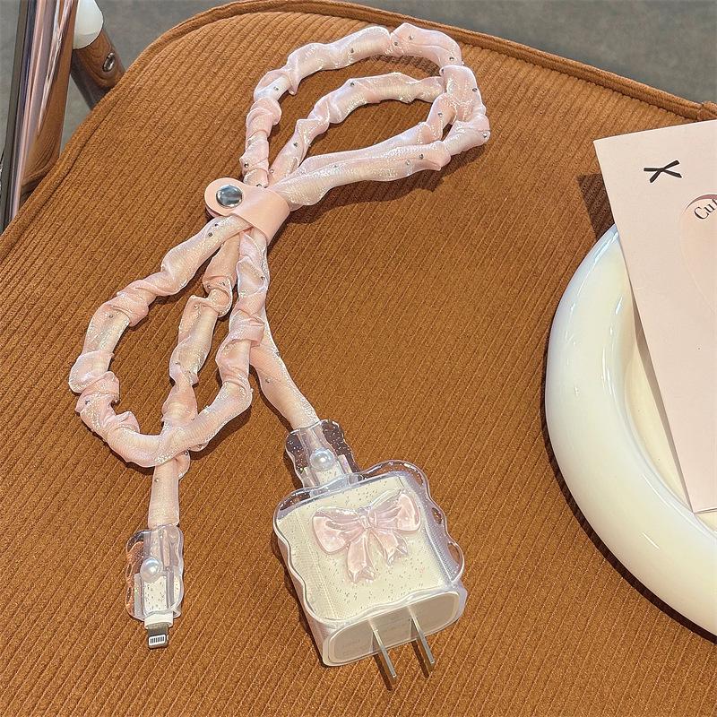 Pink Bow Protective Charger Case for iPhone 16/15/14/13 - Anti-Break Cable & Fast Charging