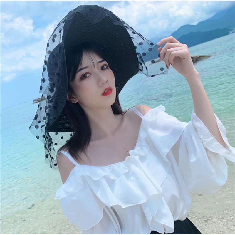 European Polka Dot Lace Mesh Big Brim Straw Hat Women's Summer Seaside Beach Elegant Sunscreen Vacation Hat