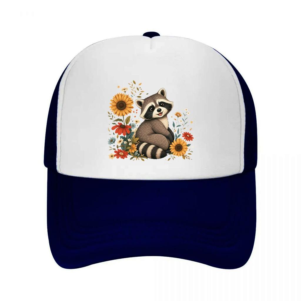 Whimsical Forest Raccoon Floral Port Mesh Baseball Cap Casual Hat Outdoor For Womens Unisex FeUnisex