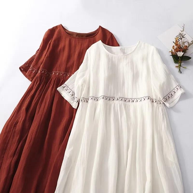 Summer Retro Cotton Linen Dress Women's Loose Breathable Embroidery Dresses for Women's Round Neck Casual Dress