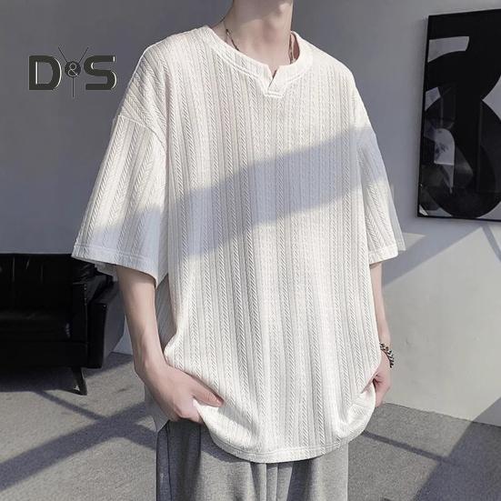 Męski T-shirt Mały Dekolt V Krótki Rękaw Tekstura Skręcana Koszulka Jednolity Kolor Luźny Krój Jedwab Lodowy Codzienne Topy