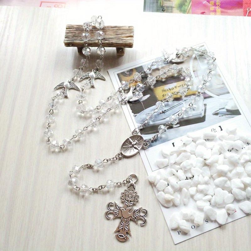 1pcs White GlassCrystal Rosary Necklace Cross Necklace Jewelry Alloy Mary Pendant Pendant Necklaces for Men Women Jewelry Wall Decoration Necklace