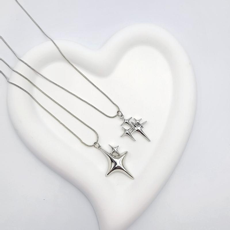 Fashion Four-Pointed Star Necklace Clavicle Chain Smooth Cross Pendant Necklace Wedding Party Jewelry for Women Girls