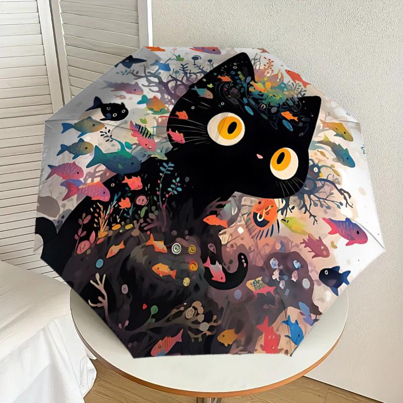 1PC cat fishAutomatic Open/Close Umbrella with Windproof, 8-Rib Sturdy Canopy, Durable Ribs, Fashionable Design, Outdoor Accessory, Fun Prin, Holiday